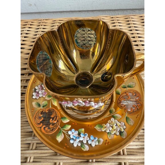 Antique 20's Tre Fuochi Czech Bohemian Gold Blue Glass Pedestal Teacup Saucer - Picture 10 of 16